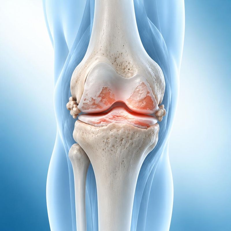 Medical illustration of an arthritic knee joint with worn cartilage, a narrowed joint space and small bone spurs