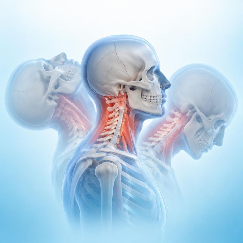 Medical illustration of the head and neck moving rapidly backward and forward, with strained neck tissues highlighted