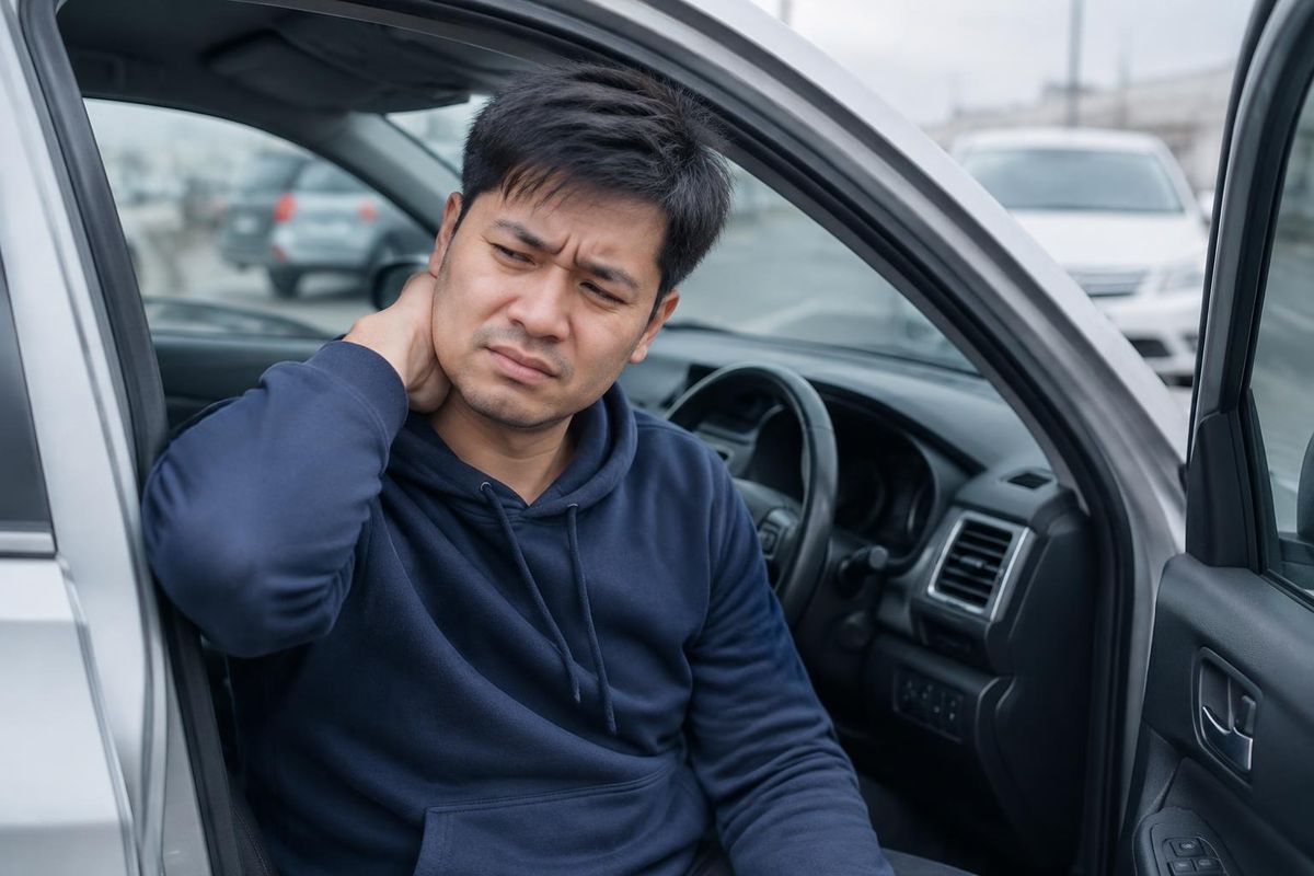 Man in his late 20s sitting in the driver’s seat after a minor car accident, holding the back of his neck