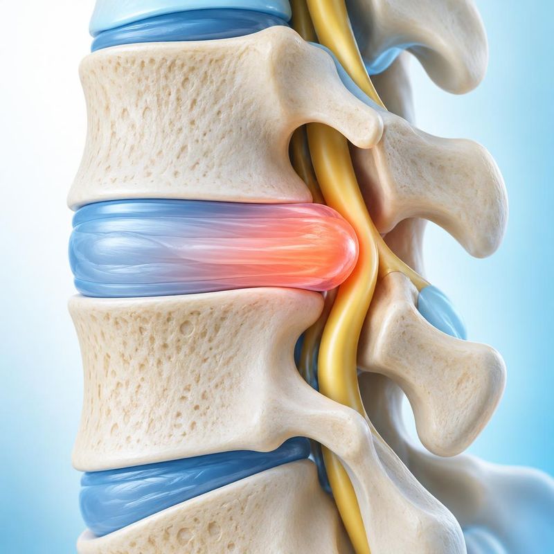 Medical illustration of a lumbar disc bulging outward beyond the edges of the vertebrae toward a nerve