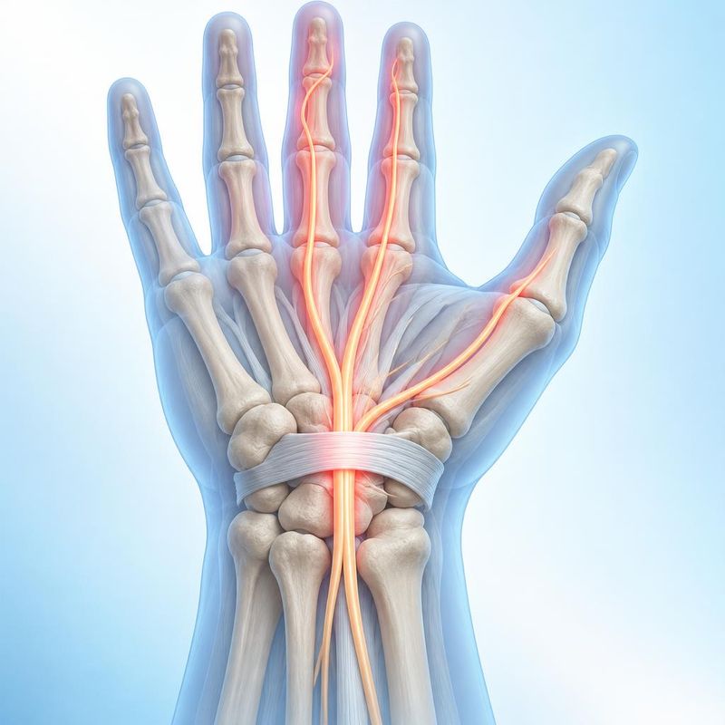 Medical illustration of the wrist and hand showing the median nerve passing through the carpal tunnel into the thumb and fingers