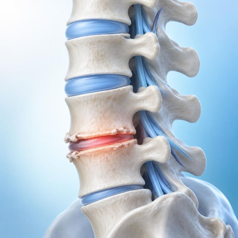 Medical illustration of a thinned, worn lumbar disc with small bone spurs compared with healthy discs above it
