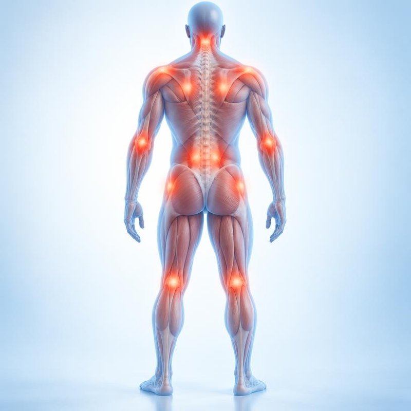 Medical illustration of the body from behind with tender areas glowing on both sides, at the neck, shoulders, back, elbows, hips and knees