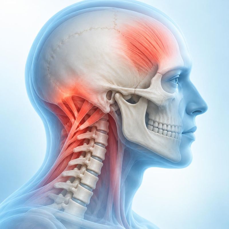 Medical illustration of the skull and upper neck with the muscles at the base of the skull highlighted and pain radiating to the temple