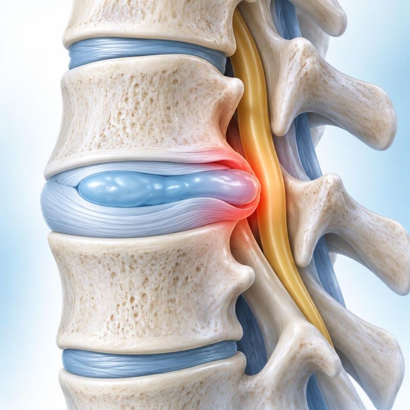 Medical illustration of a herniated lumbar disc whose inner gel pushes through a tear and presses on a spinal nerve root