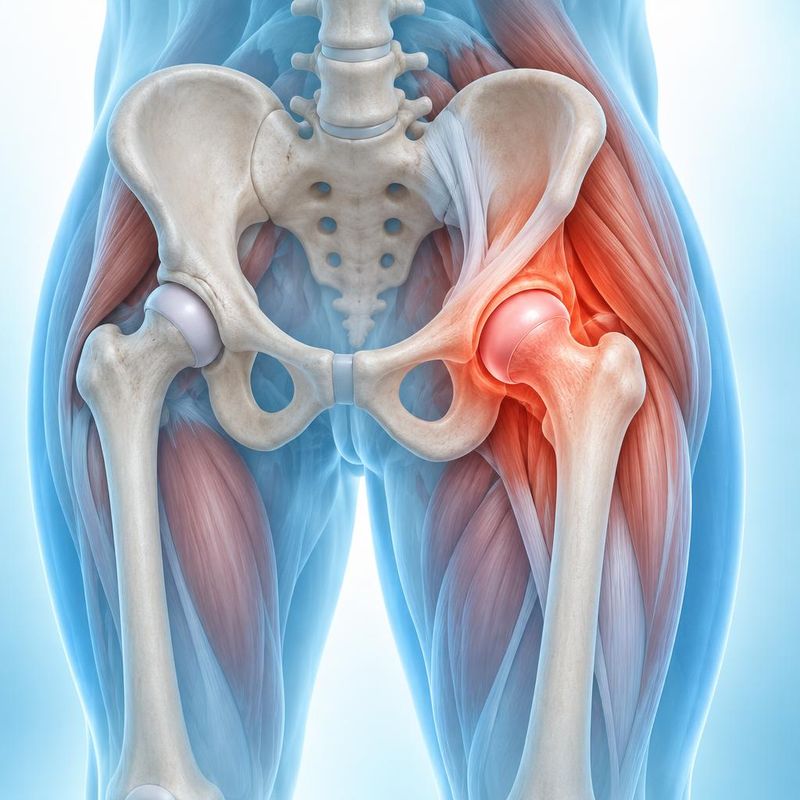 Medical illustration of the hip ball-and-socket joint and surrounding muscles with the joint highlighted