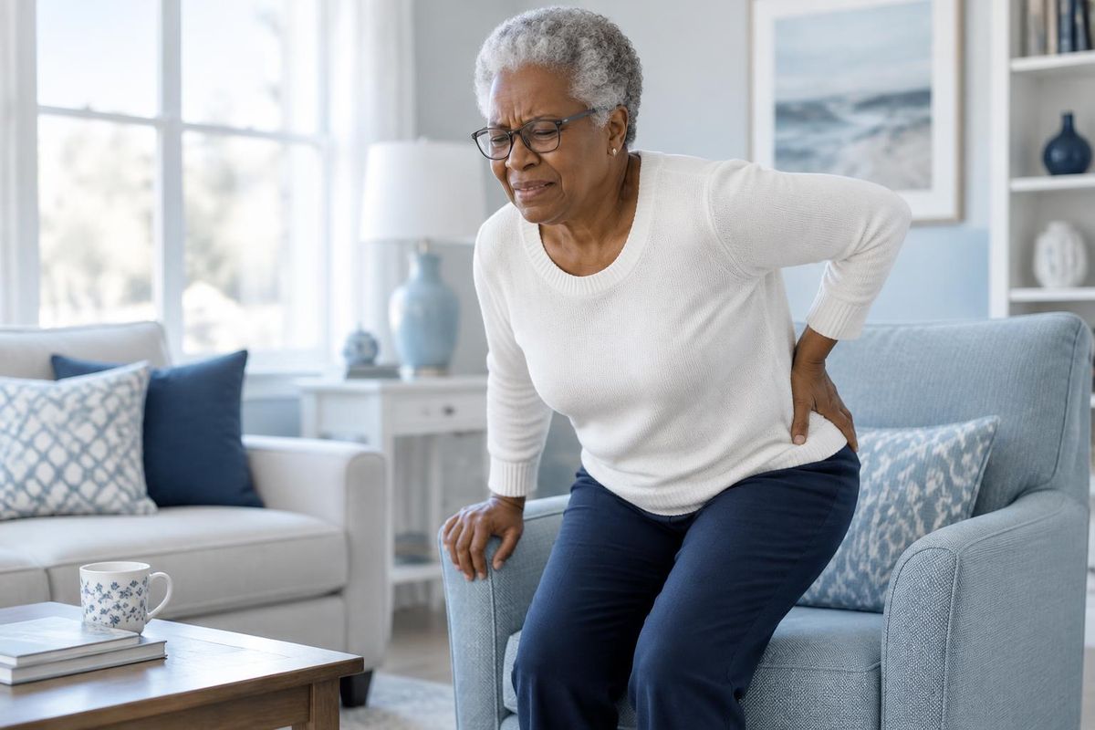 Woman in her late 60s pressing a hand to her hip as she rises slowly from an armchair