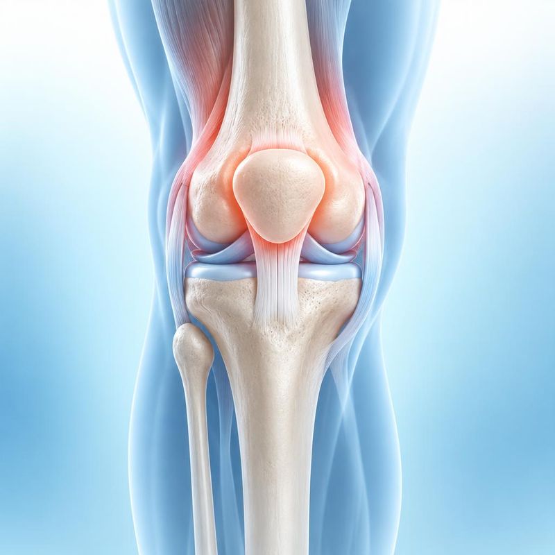 Medical illustration of the knee joint showing the kneecap, ligaments and meniscus with the joint highlighted