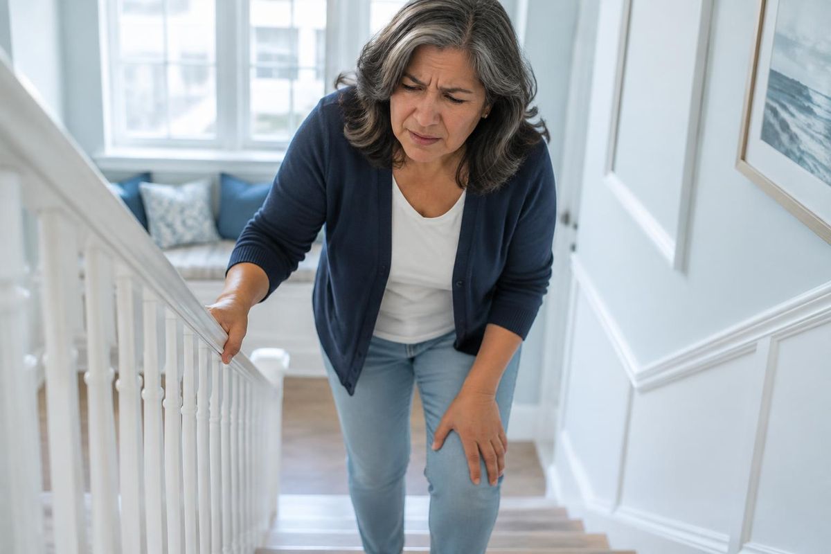 Woman around 60 pausing on the stairs with a hand on her painful knee