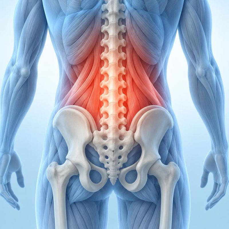 Medical illustration of the lumbar spine and lower back muscles highlighted as the area of pain