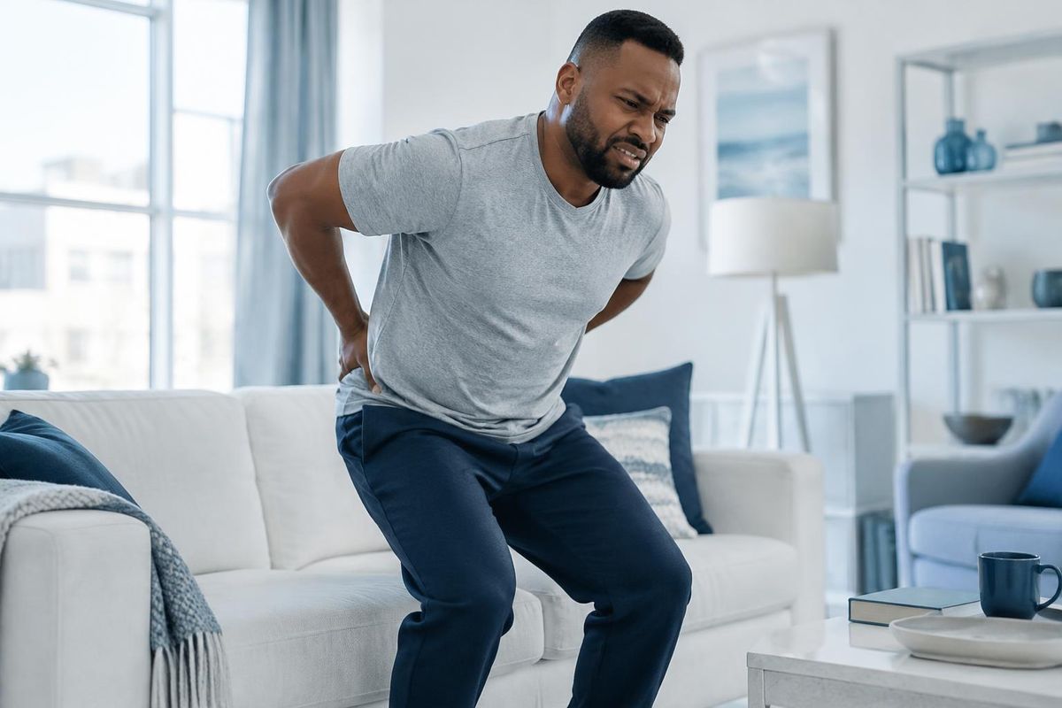 Man in his mid-30s pressing both hands to his lower back as he stands up from the sofa