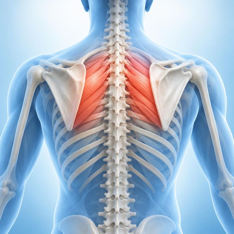 Medical illustration of the thoracic spine and the muscles between the shoulder blades highlighted