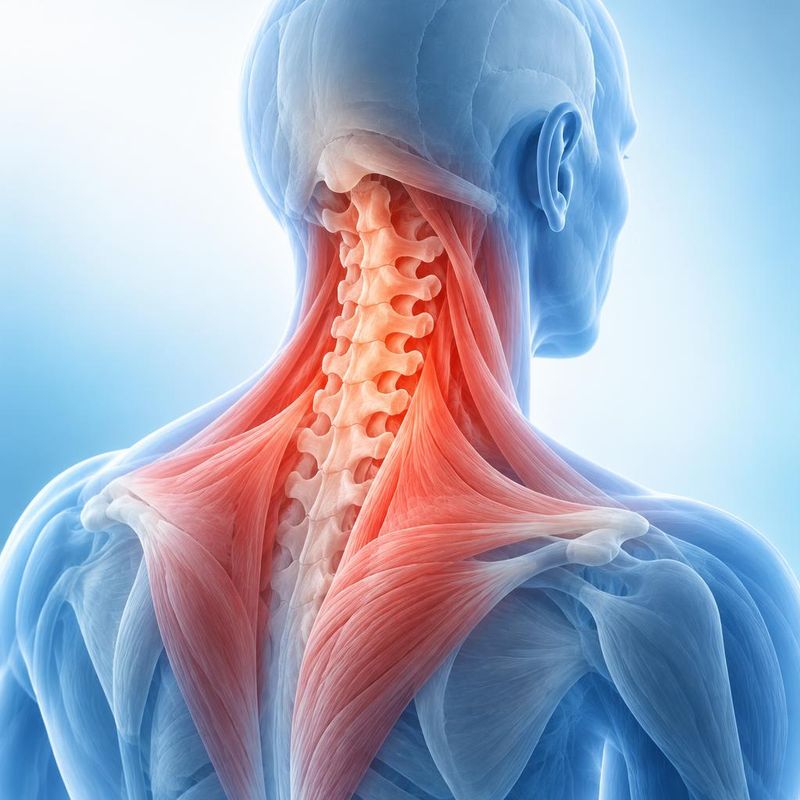 Medical illustration of the cervical spine and neck and upper shoulder muscles highlighted as the area of pain