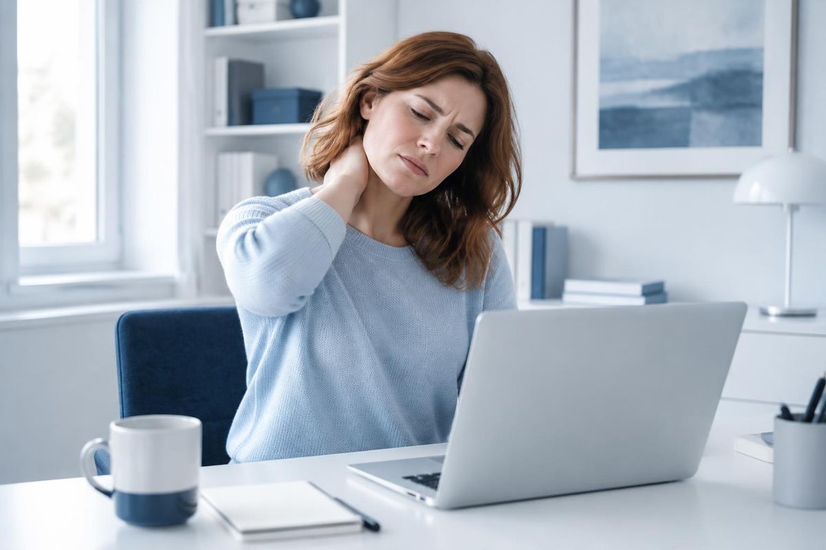 Woman in her late 20s rubbing her stiff neck while working on a laptop