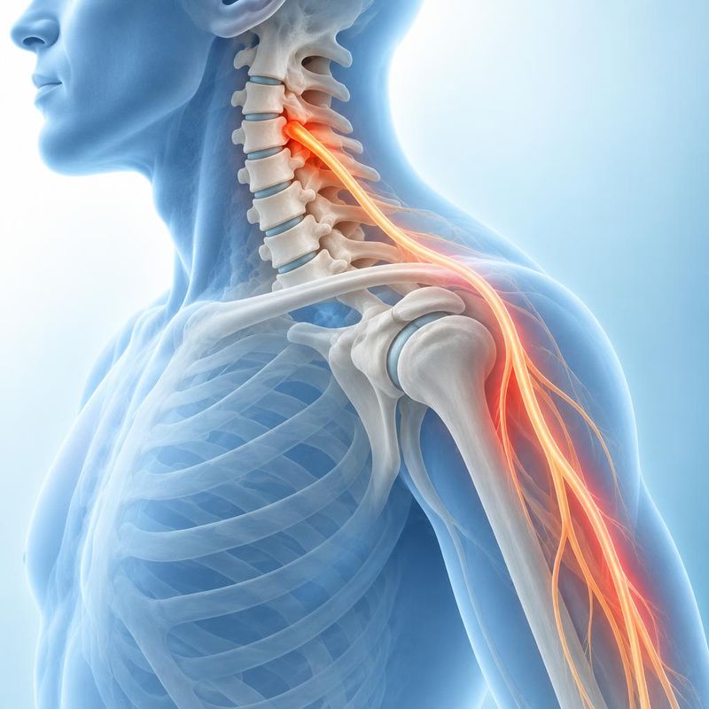 Medical illustration of a compressed nerve root in the neck with pain traveling into the shoulder and arm