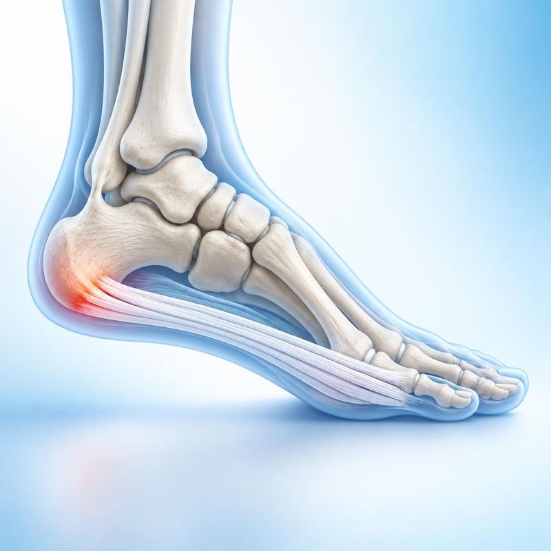 Medical illustration of the foot bones with the plantar fascia band highlighted where it attaches to the heel