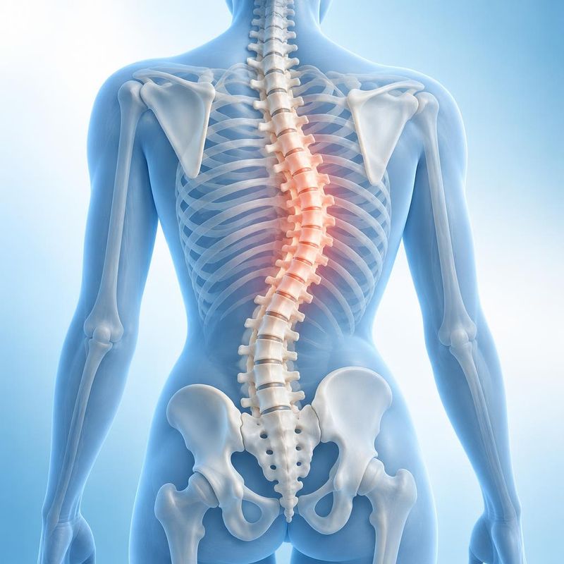 Medical illustration of a spine with a sideways S-shaped scoliosis curve and a slightly tilted rib cage