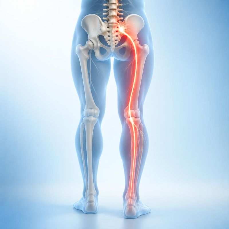 Medical illustration of the sciatic nerve running from the lower spine through the buttock and down the back of the leg