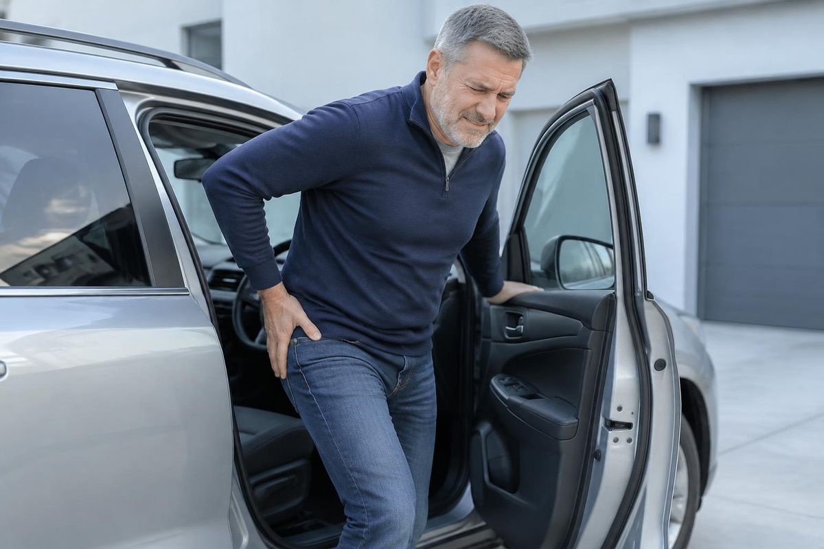 Man in his mid-50s grimacing as he gets out of his car, holding the back of his hip and thigh