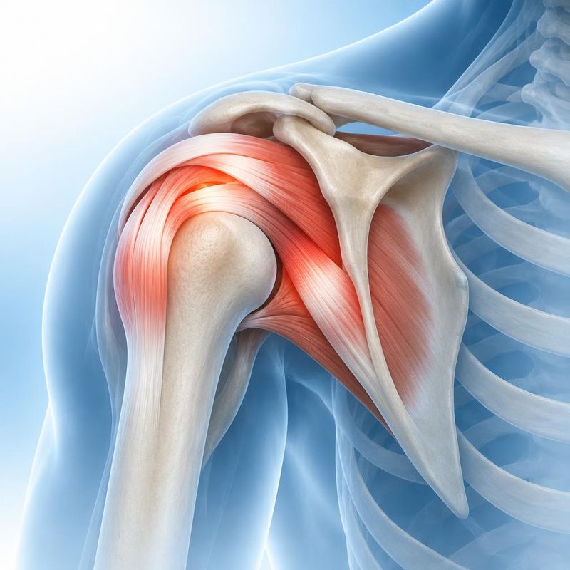 Medical illustration of the shoulder joint with the rotator cuff muscles and tendons highlighted