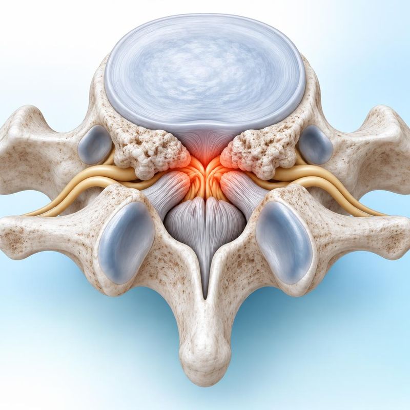 Medical illustration of a lumbar vertebra seen from above with a narrowed spinal canal squeezing the nerves