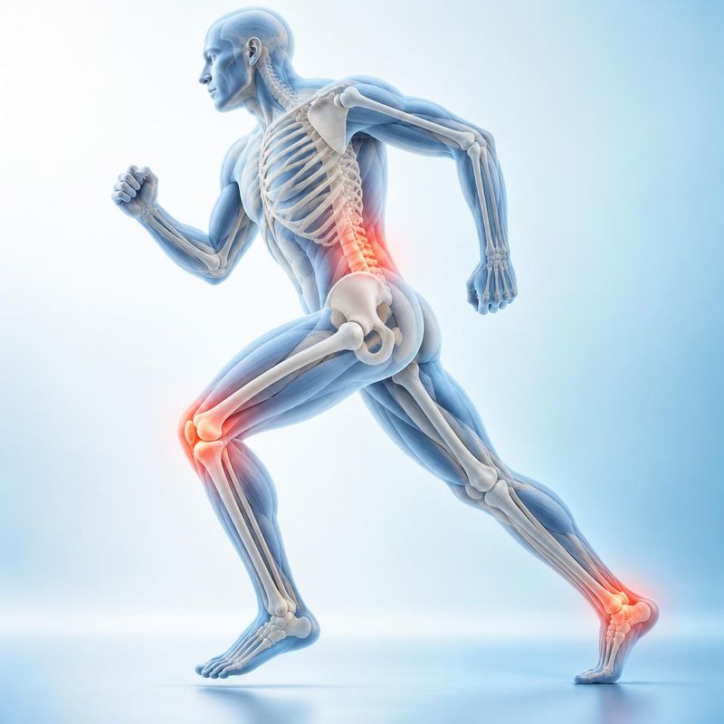 Medical illustration of a runner’s skeleton with the knee, ankle and lower back highlighted as common injury areas