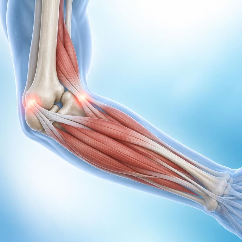 Medical illustration of the elbow and forearm with the tendon attachments at the outer and inner elbow highlighted