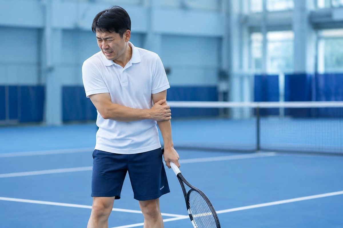 Man in his mid-40s on a tennis court holding his racket and gripping the outside of his sore elbow