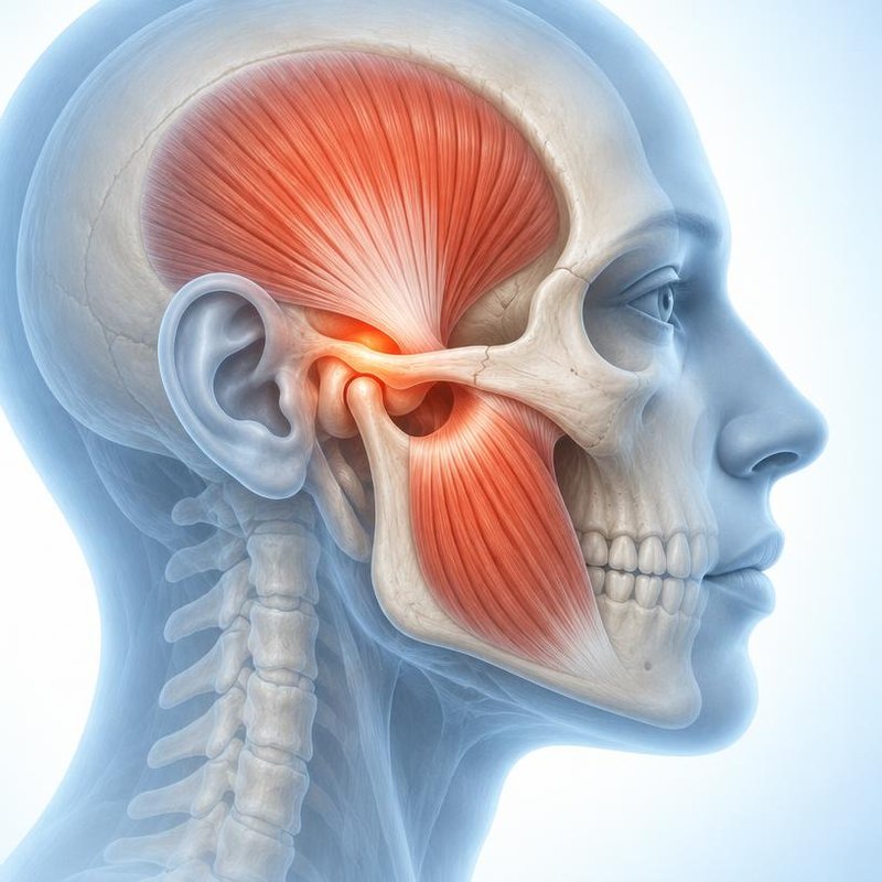 Medical illustration of the head in profile with the jaw joint in front of the ear and the chewing muscles at the temple and jaw highlighted