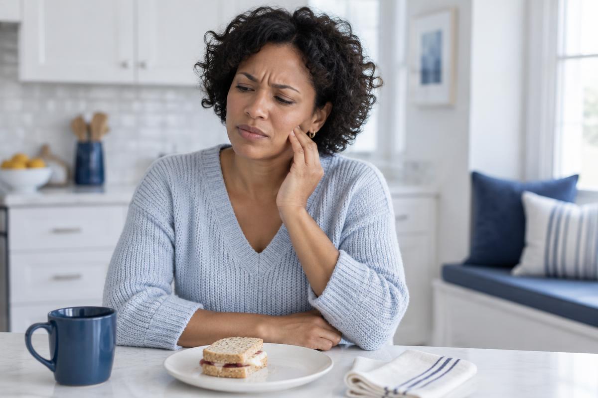 Woman in her early 30s at her kitchen table pressing her fingertips to her sore jaw beside a half-eaten sandwich