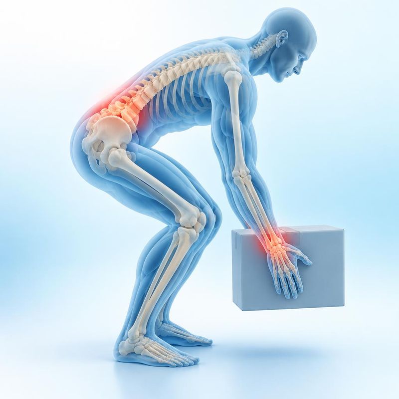 Medical illustration of a person lifting a box with the lower back and wrists highlighted as strain areas